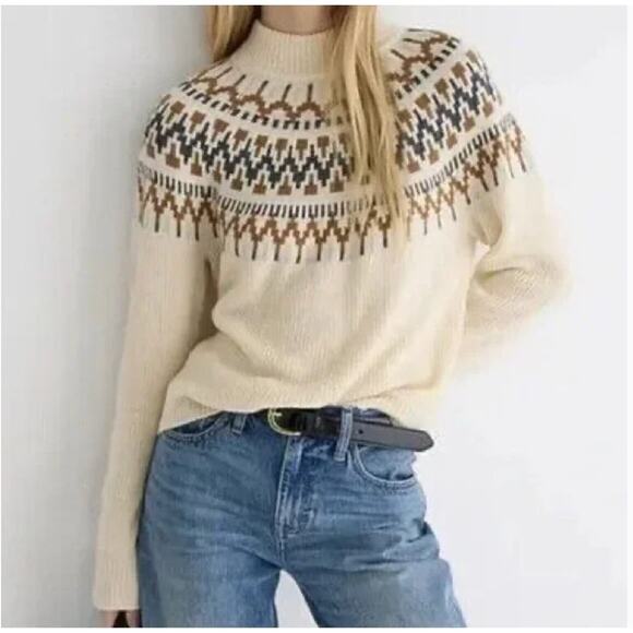 J Crew Lambswool Blend Classic Fair Isle Yoke Mock Neck Neutrals Cream Sweater L
